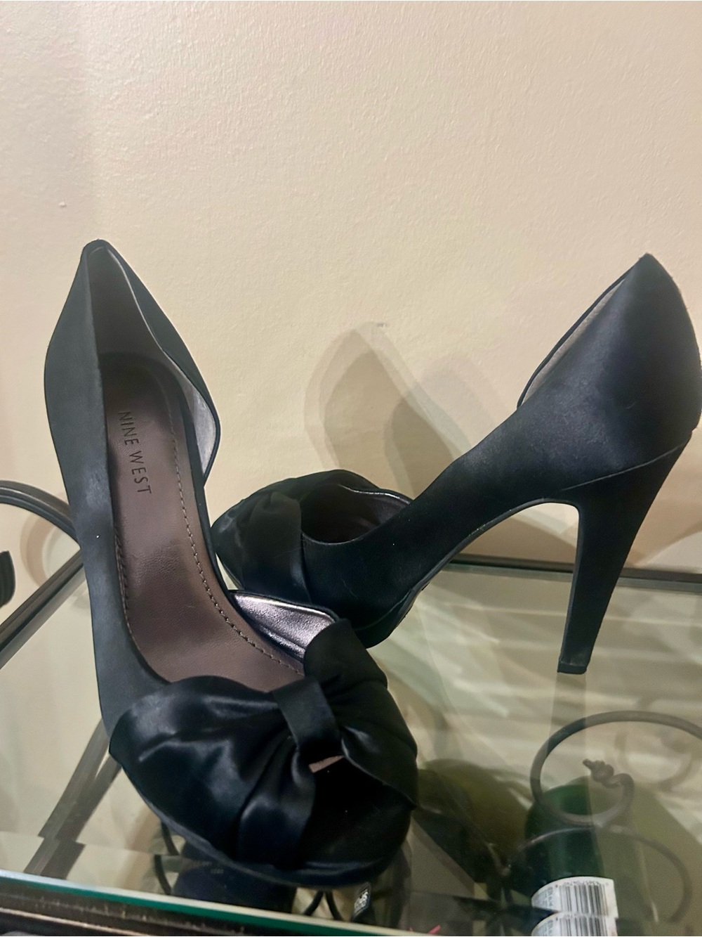 Nine West Black Satin Peep-Toe Bow Heels